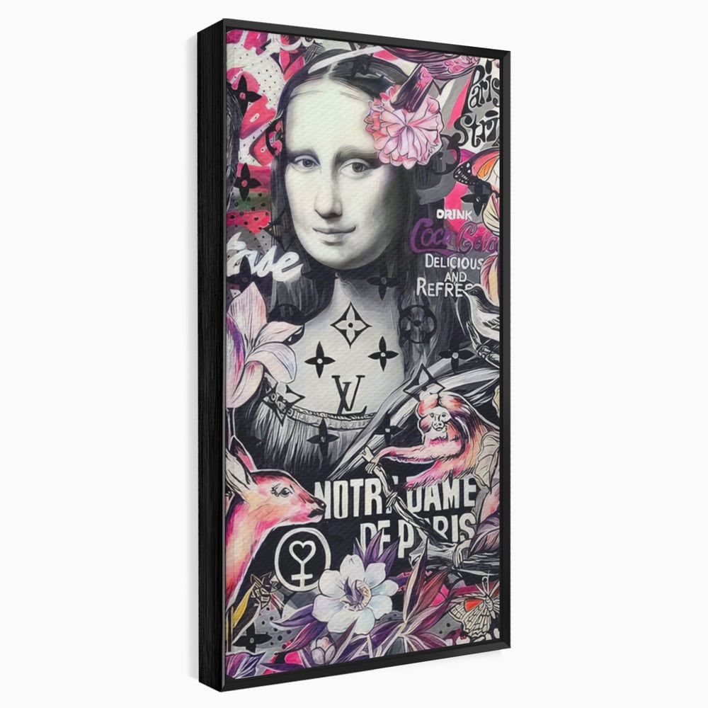 Tablou canvas cu tablou canvas cu mona lisa graffiti, in rama de aluminiu negru